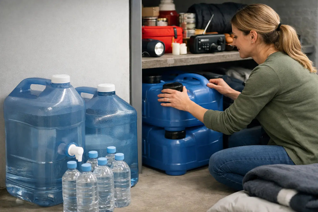 Food-grade water containers stored for home emergency preparedness