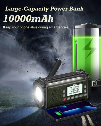 DAB+ Radios FM Bluetooth Speaker 10000mAh PowerBan Emergency Radio Portable Solar Radio Receiver Hand Crank USB-C Charging LED