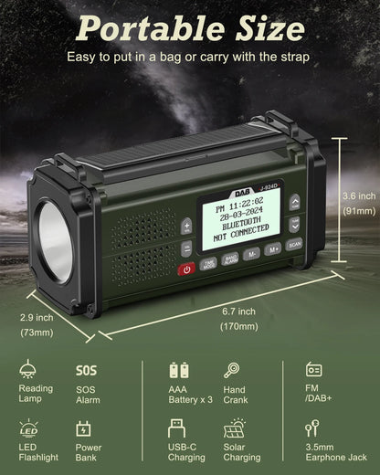 DAB+ Radios FM Bluetooth Speaker 10000mAh PowerBan Emergency Radio Portable Solar Radio Receiver Hand Crank USB-C Charging LED