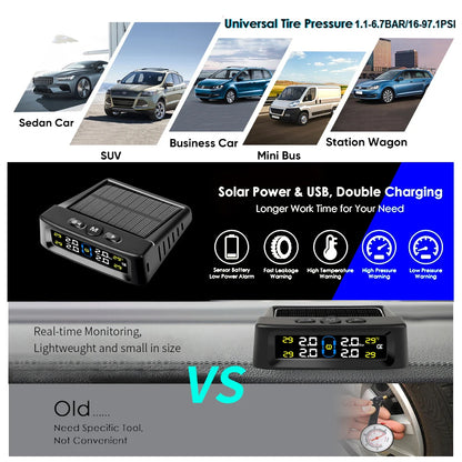Solar TPMS Car Tire Pressure Alarm Digital Colorful Display 4/6 External Sensors Waterproof Tire Pressure Temperature Warning